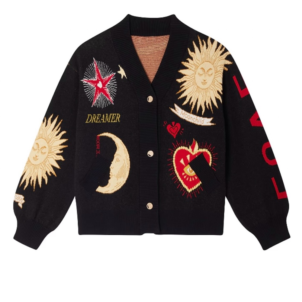 Never Fully Dresses Black  Cardigan with Sun and Moon Embroidery. Size XS.